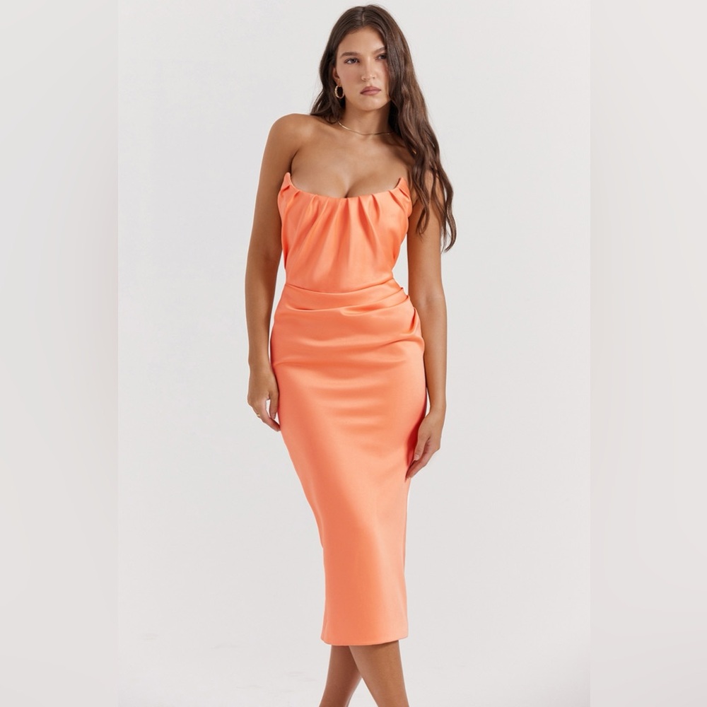 HOUSE OF CB ALORA TANGERINE STRAPLESS CORSET MIDI DRESS, Size Small,$255 - Picture 3 of 15